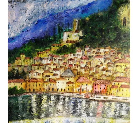 Original Hand-Painted Malcesine Lake Garda Impressionistic Textured Oil Painting | 14"X14"
