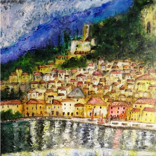 Original oil painting of malcesine lake garda by contemporary artist Indrani Ghosh