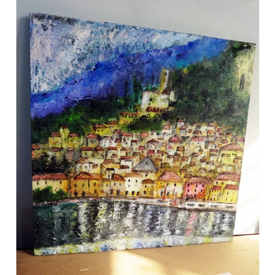 Original Hand-Painted Malcesine Lake Garda Impressionistic Textured Oil Painting | 14"X14"