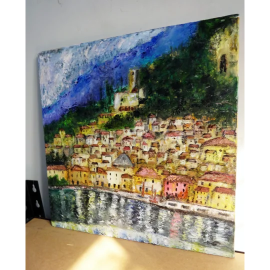 Original Hand-Painted Malcesine Lake Garda Impressionistic Textured Oil Painting | 14"X14"