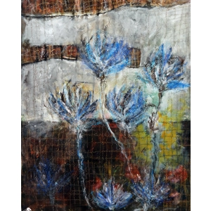 Abstract Blue Thistle Flowers Mixed Media Painting