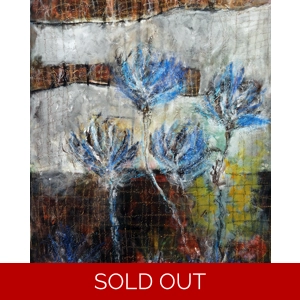 Abstract Blue Thistle Flowers Mixed Media Painting