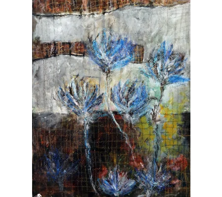 Abstract Blue Thistle Flowers Mixed Media Painting