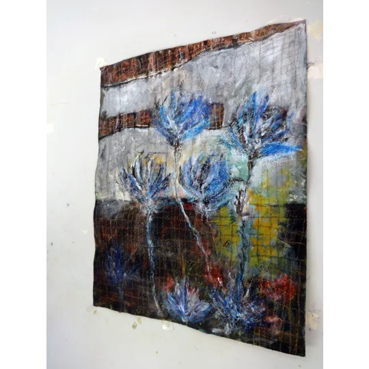 Abstract Blue Thistle Flowers Mixed Media Painting