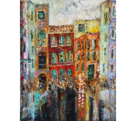 Somewhere in a city Semi Abstract Mixed Media Oil Painting