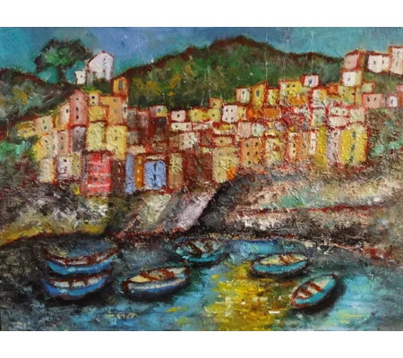Original Hand-Painted Riomaggiore Cinque Terre Landscape Coastal Textured Oil Painting | 16"X12"