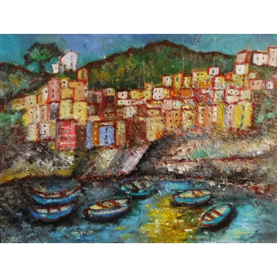 Original impasto oil painting of riomaggiore cinque terre by contemporary artist Indrani Ghosh