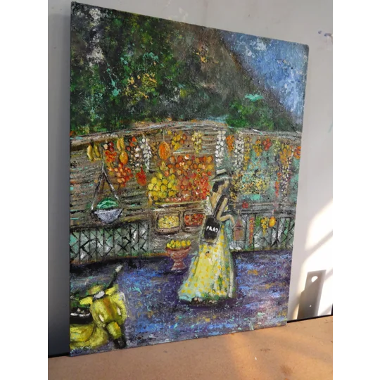 Original Hand-Painted A Woman at Positano Fruit Stand Textured Oil Painting | 16"X12"