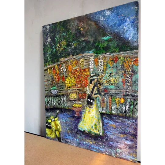 Original Hand-Painted A Woman at Positano Fruit Stand Textured Oil Painting | 16"X12"