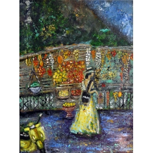 A Woman at Positano Fruit Stand Oil Painting
