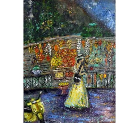 Original Hand-Painted A Woman at Positano Fruit Stand Textured Oil Painting | 16"X12"