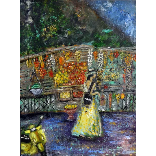 Original oil painting of woman at positano fruit stand by contemporary artist Indrani Ghosh