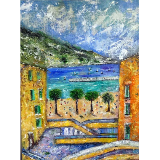 Original oil painting of menton on french Riviera by contemporary artist Indrani Ghosh