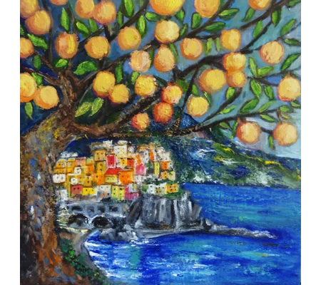 Original Hand-Painted Lemon Tree at Amalfi Coast Oil Painting | 12"X12"