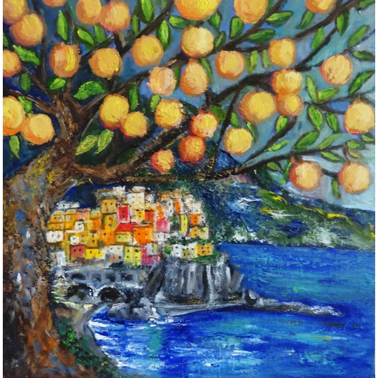 Original oil painting of lemon tree at amalfi coast by contemporary artist Indrani Ghosh