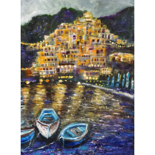 Original oil painting of evening in amalfi coast by contemporary artist Indrani Ghosh