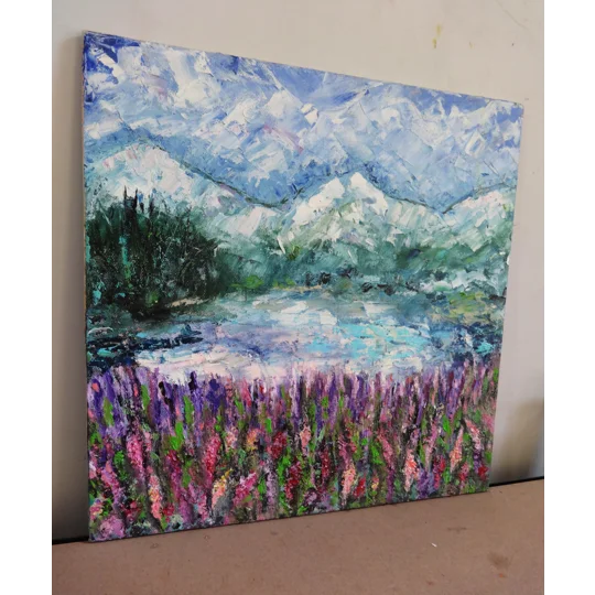 Original Hand-Painted Lake Sils at Switzerland with Lupines Landscape Oil Painting | 12"x12"