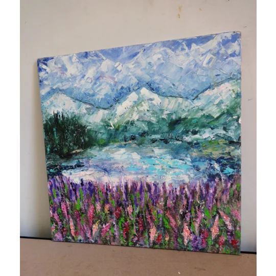 Original Hand-Painted Lake Sils at Switzerland with Lupines Landscape Oil Painting | 12"x12"