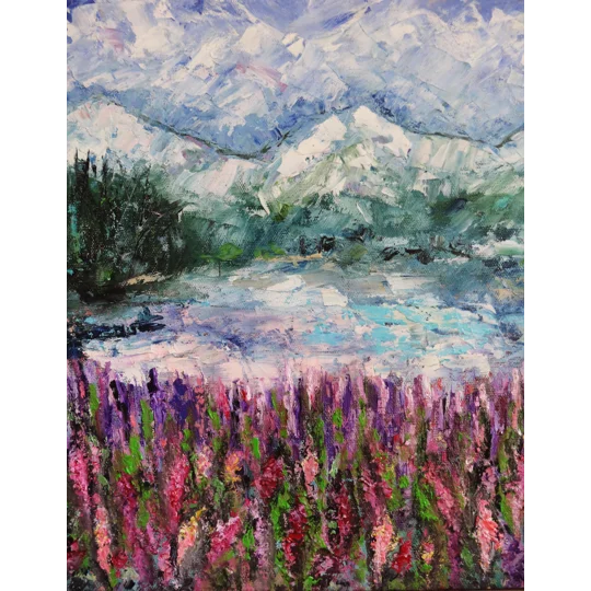 Original Hand-Painted Lake Sils at Switzerland with Lupines Landscape Oil Painting | 12"x12"