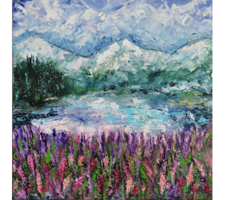 Original Hand-Painted Lake Sils at Switzerland with Lupines Landscape Oil Painting | 12"x12"