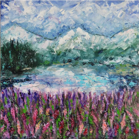Original impasto oil painting of lake sils switzerland lupine field landscape by contemporary artist Indrani Ghosh