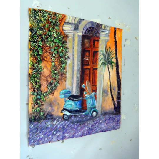 Door With Vespa And Ivy Vine Oil Painting
