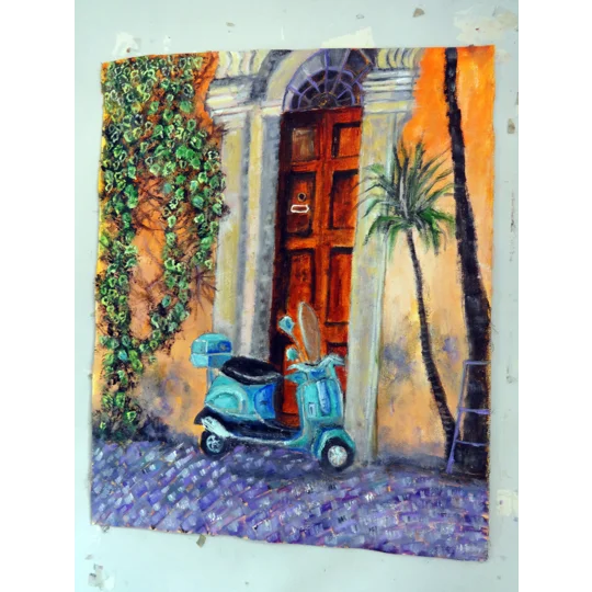 Door With Vespa And Ivy Vine Oil Painting