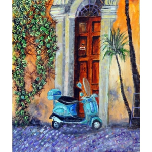Door With Vespa And Ivy Vine Oil Painting