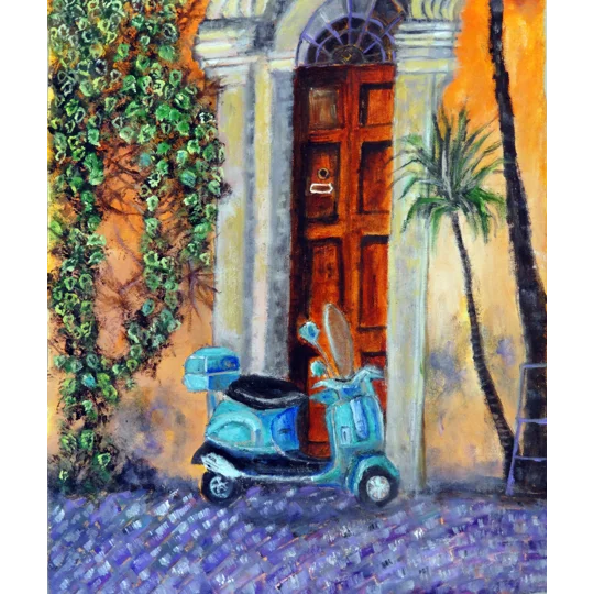 Door With Vespa And Ivy Vine Oil Painting