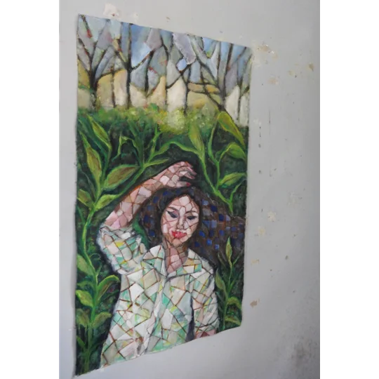 Original Hand-Painted Woman Enjoying Nature Mosaic Pattern Oil Painting | 16"x 29"