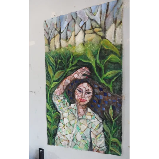Original Hand-Painted Woman Enjoying Nature Mosaic Pattern Oil Painting | 16"x 29"