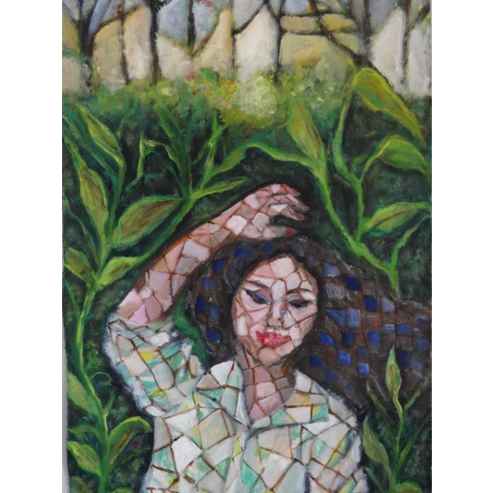 Original Hand-Painted Woman Enjoying Nature Mosaic Pattern Oil Painting | 16"x 29"