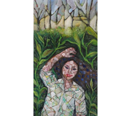 Original Hand-Painted Woman Enjoying Nature Mosaic Pattern Oil Painting | 16"x 29"