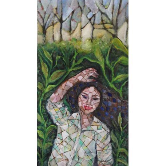 Original Hand-Painted Woman Enjoying Nature Mosaic Pattern Oil Painting | 16"x 29"