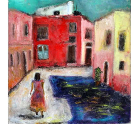 Original Hand-Painted A Quiet Neighborhood of Burano Semi Abstract Oil Painting | 16"x 17"