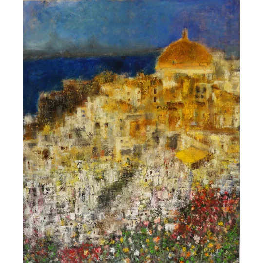 Original Hand-Painted Santorini Landscape Semi Abstract Oil Painting | 16"x 20"