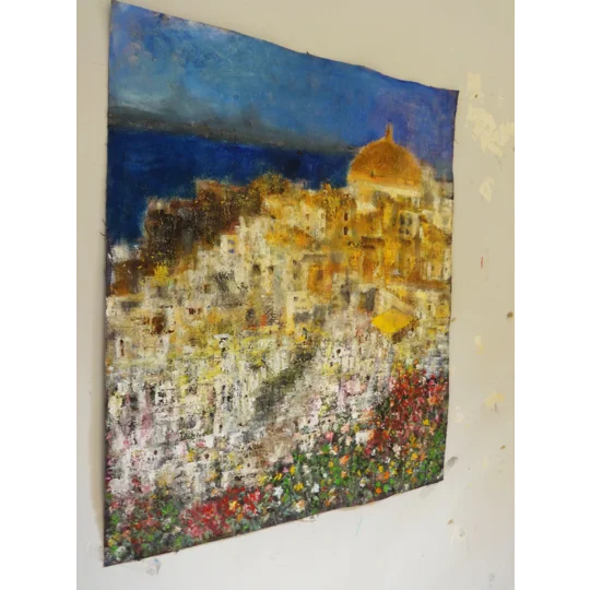Original Hand-Painted Santorini Landscape Semi Abstract Oil Painting | 16"x 20"