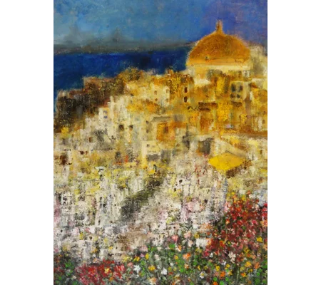 Original Hand-Painted Santorini Landscape Semi Abstract Oil Painting | 16"x 20"