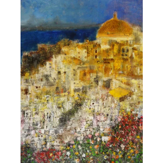 Original oil painting of santorini landscape abstract by contemporary artist Indrani Ghosh