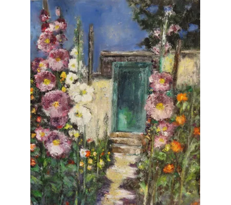 Garden Path to the Teal Door - Oil Painting