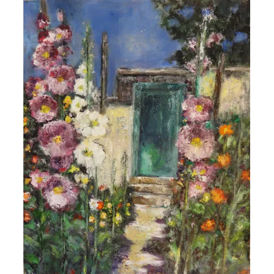 Garden Path to the Teal Door - Oil Painting