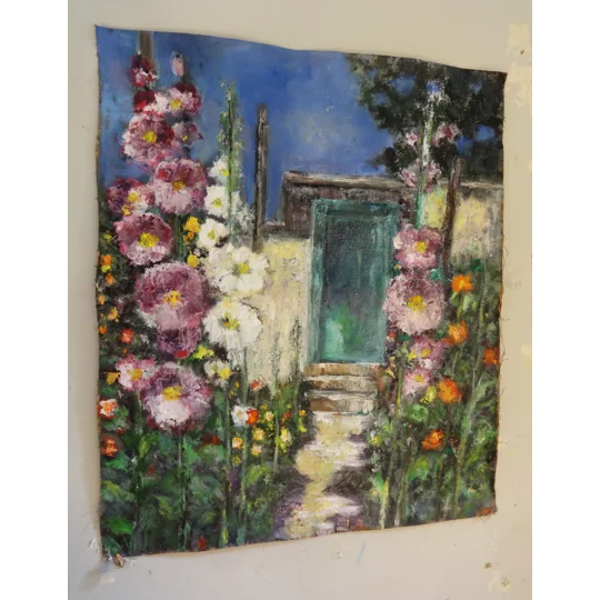 Garden Path to the Teal Door - Oil Painting