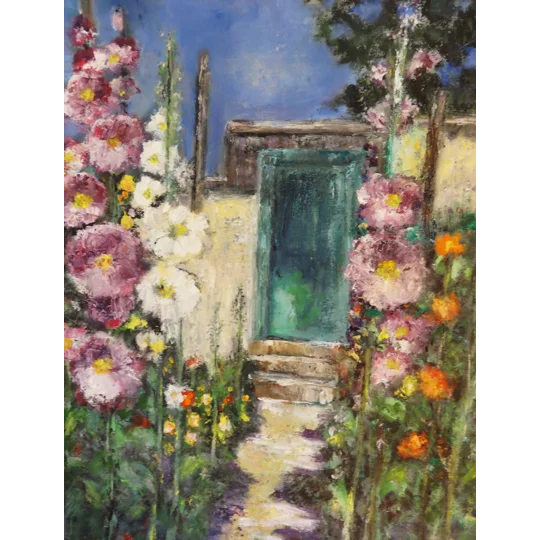 Garden Path to the Teal Door - Oil Painting