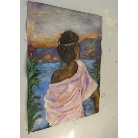Original Hand-Painted Blissful Morning - A Lady Enjoying the View Oil Painting | 16"x 24"