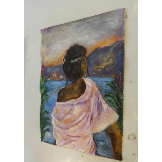 Original Hand-Painted Blissful Morning - A Lady Enjoying the View Oil Painting | 16"x 24"