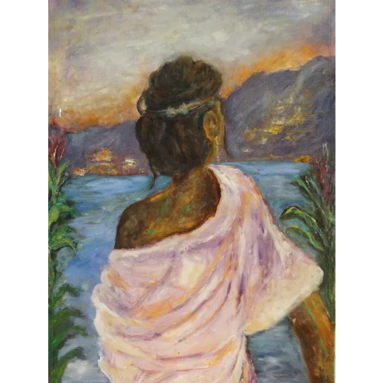 Original oil painting of woman at positano by contemporary artist Indrani Ghosh