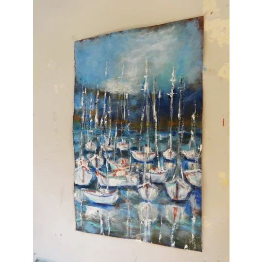Original Hand-Painted Sailboats at Harbor Semi Abstract Acrylic Painting | 12"x 19.5"