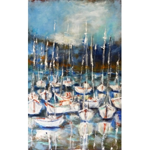 Sailboats at Harbor Semi Abstract Acrylic Painting