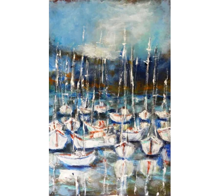 Original Hand-Painted Sailboats at Harbor Semi Abstract Acrylic Painting | 12"x 19.5"