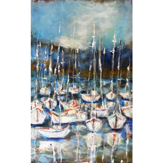 Original acrylic painting of sailboats by contemporary artist Indrani Ghosh
